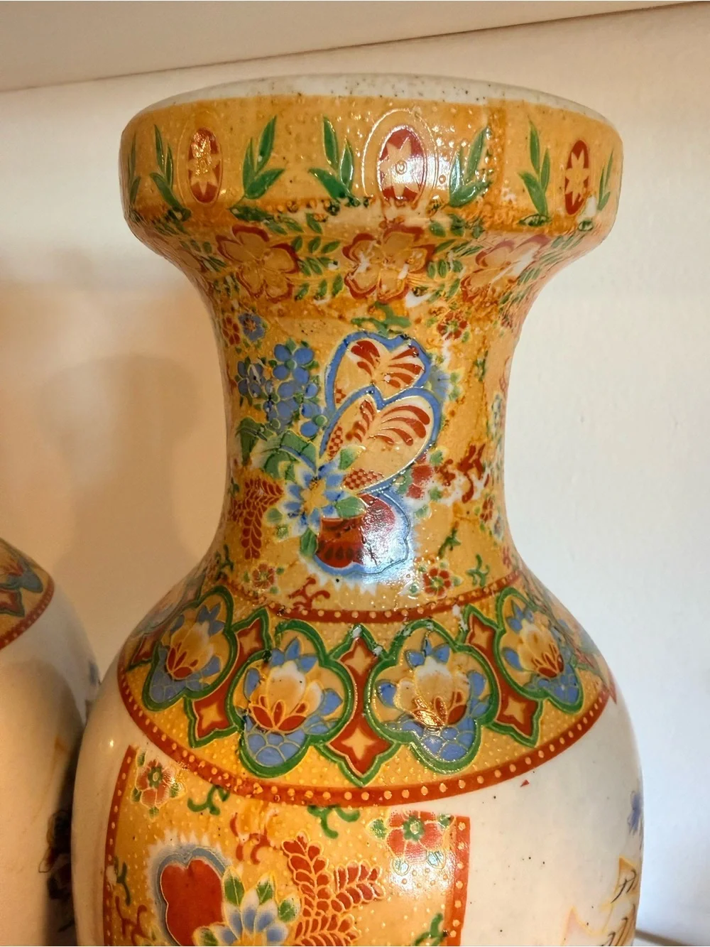 Pair Vintage Japanese Satsuma Style Porcelain Vases Hand Painted Birds Floral